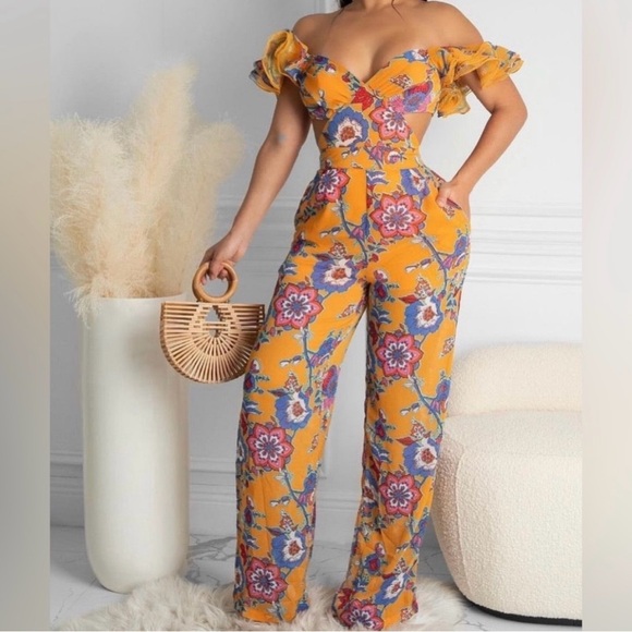 Pants - Floral Off-Shoulder Jumpsuit